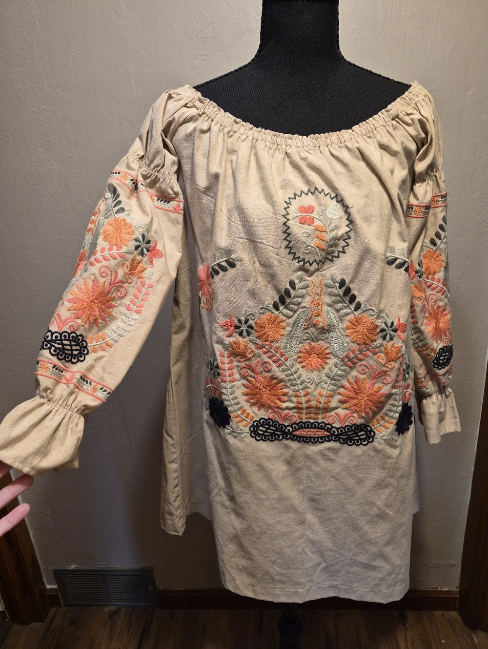 Ellison Peasant Floral Tunic Dress Embroidered Top Size Large Boho